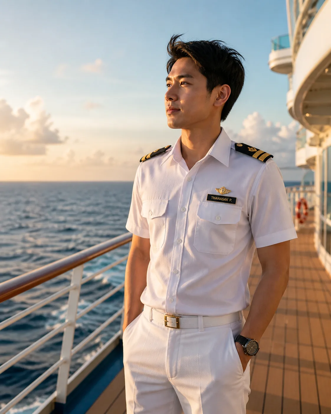 Thai seafarer on cruise ship deck