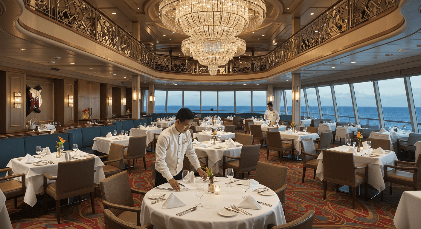 ห้องอาหารหรูบนเรือสำราญ พนักงานกำลังจัดโต๊ะ