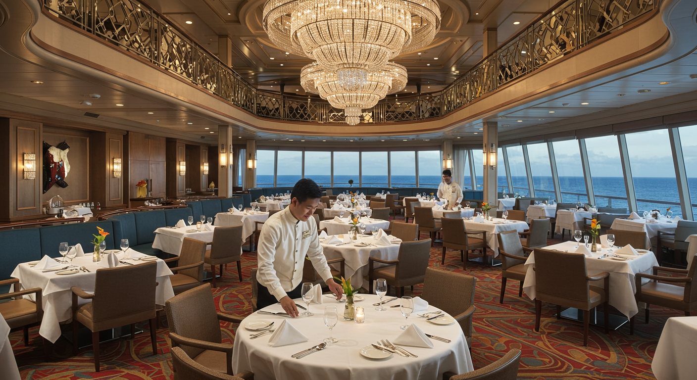 ห้องอาหารหรูบนเรือสำราญ พนักงานกำลังให้บริการแขกด้วยรอยยิ้ม